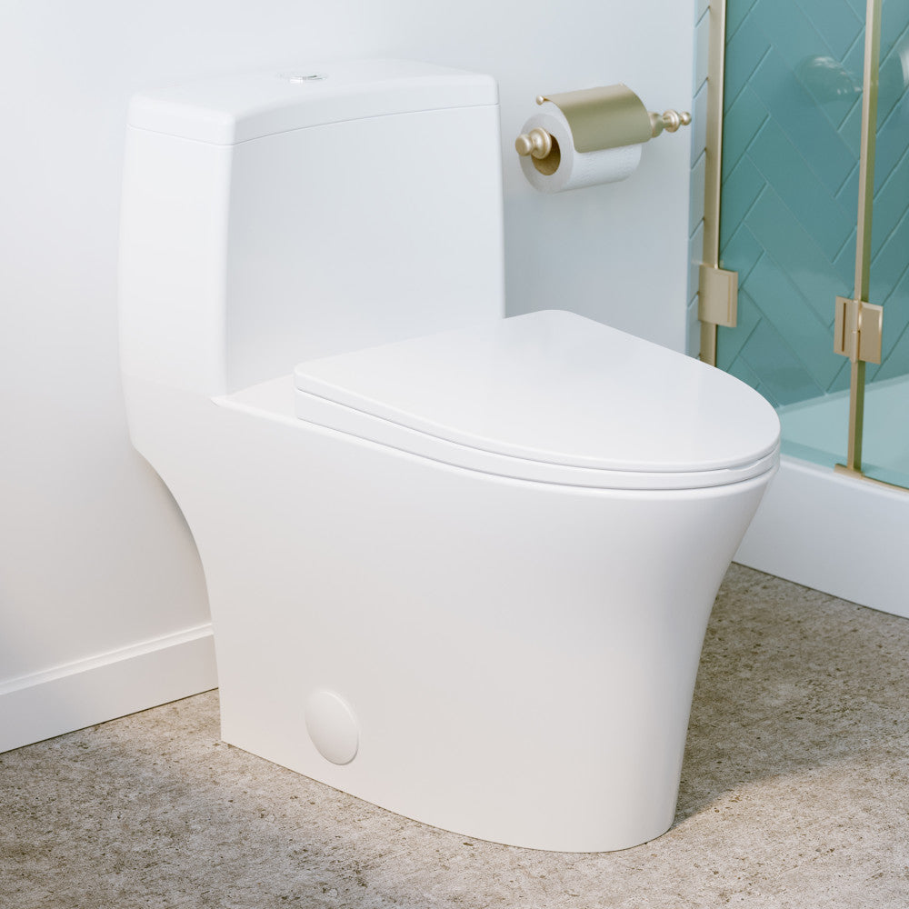 Elongated one-piece toilet with dual-flush, smooth skirted trapway, white ceramic finish.