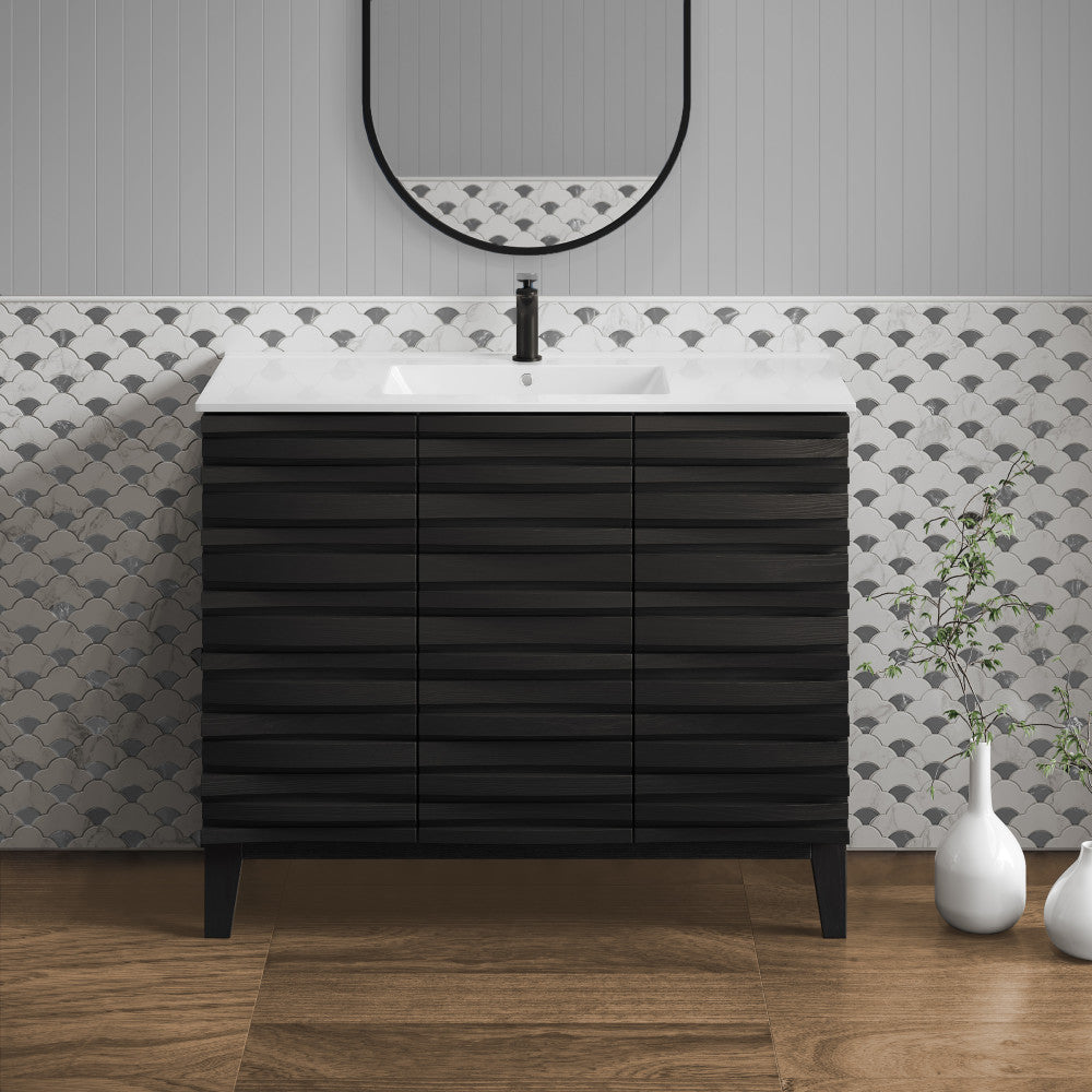 36-inch freestanding black bathroom vanity with single sink and soft-close doors.