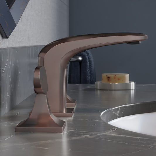 Widespread bathroom faucet in oil rubbed bronze, two handles, elegant curved spout design.