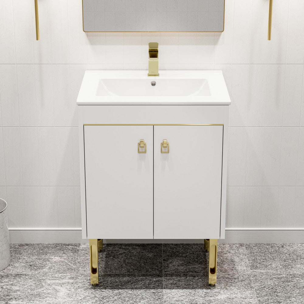 24-inch freestanding white bathroom vanity with sink top and gold hardware, soft-close doors.