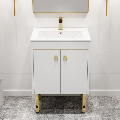 24-inch freestanding white bathroom vanity with sink top and gold hardware, soft-close doors.