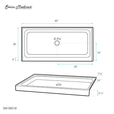 Voltaire 60" x 30" Acrylic White, Single-Threshold, Center Drain, Shower Base