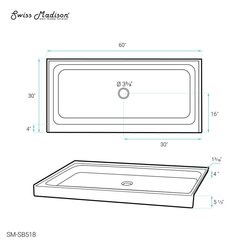 Voltaire 60" x 30" Acrylic White, Single-Threshold, Center Drain, Shower Base