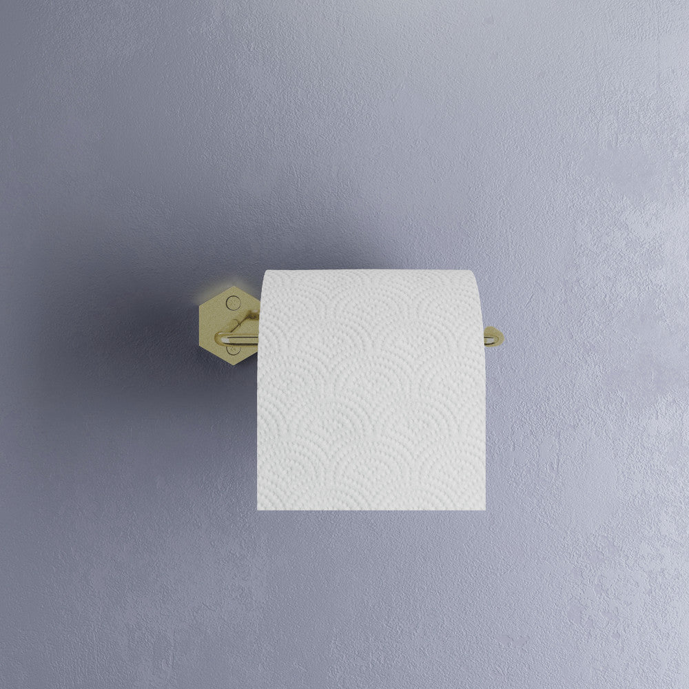 Brushed gold toilet paper holder with geometric wall mount and cylindrical bar, modern design.