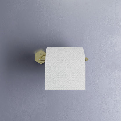 Brushed gold toilet paper holder with geometric wall mount and cylindrical bar, modern design.