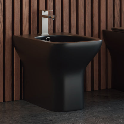 Floor-mount bidet in matte black, sleek modern design, single faucet hole.