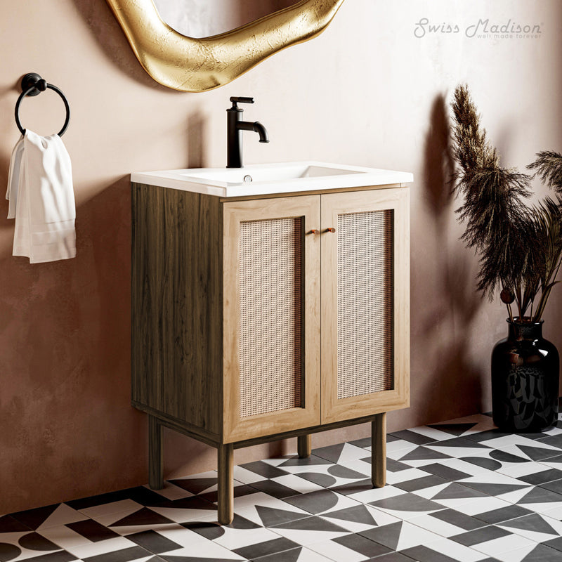 24-inch freestanding golden oak bathroom vanity with single sink and matte black faucet.