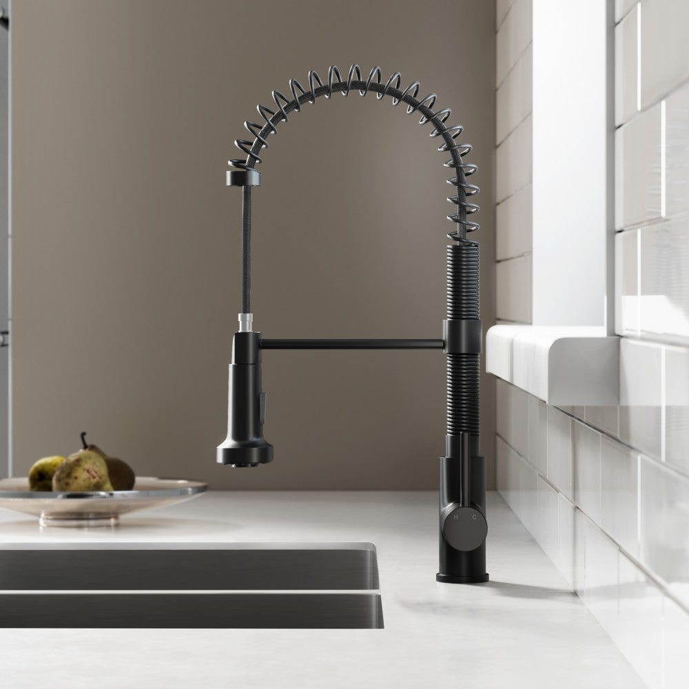 Pull-down kitchen faucet in matte black, single handle with spring coil spout design.