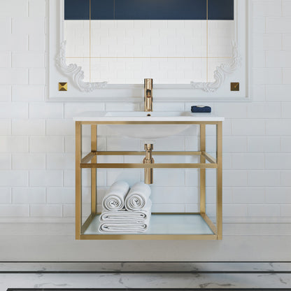 30-inch wall-mount bathroom vanity with gold metal frame and open shelf under white countertop.