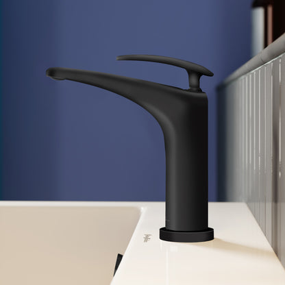 Single-handle bathroom faucet in matte black, sleek curved spout design.
