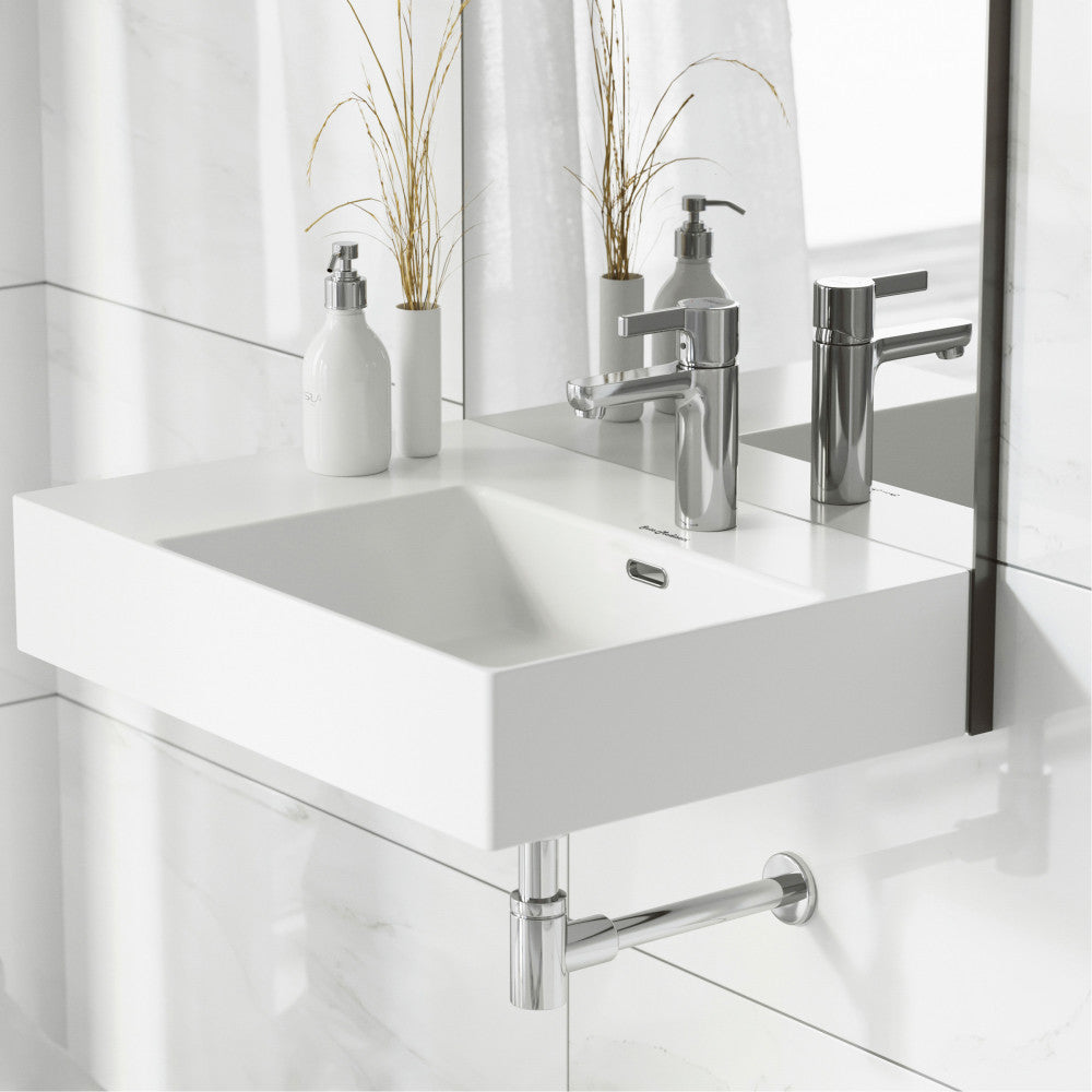 24-inch rectangular wall-mounted bathroom sink with right side faucet mount, modern white ceramic design.