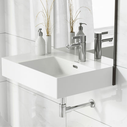 24-inch rectangular wall-mounted bathroom sink with right side faucet mount, modern white ceramic design.