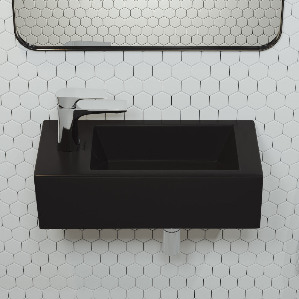 Rectangular wall-hung ceramic sink in matte black with left side faucet mount.