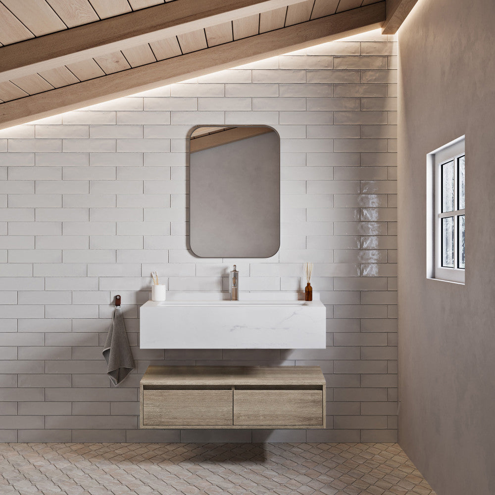 36-inch wall-mounted bathroom vanity in weathered oak with single sink and soft-close drawers.