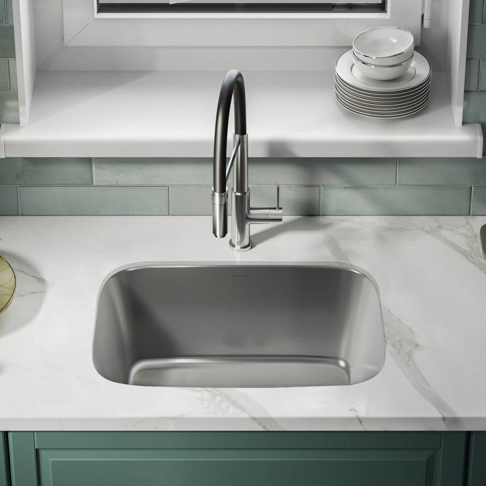 27 x 18 stainless steel undermount kitchen sink, single basin, rectangular shape with rounded corners.