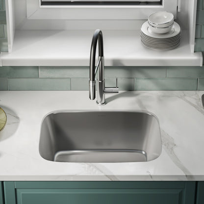27 x 18 stainless steel undermount kitchen sink, single basin, rectangular shape with rounded corners.