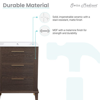 24-inch freestanding bathroom vanity in brown oak, single sink, soft-close doors, ceramic sink top.