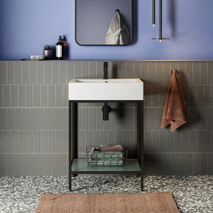 24-inch freestanding bathroom vanity with matte black metal frame and single white sink basin.