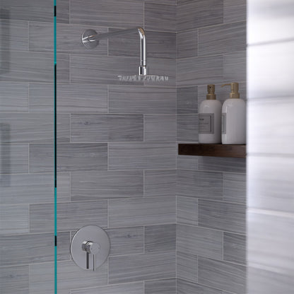 Chrome wall-mounted fixed shower head with single-handle valve and 8-inch round spray face.