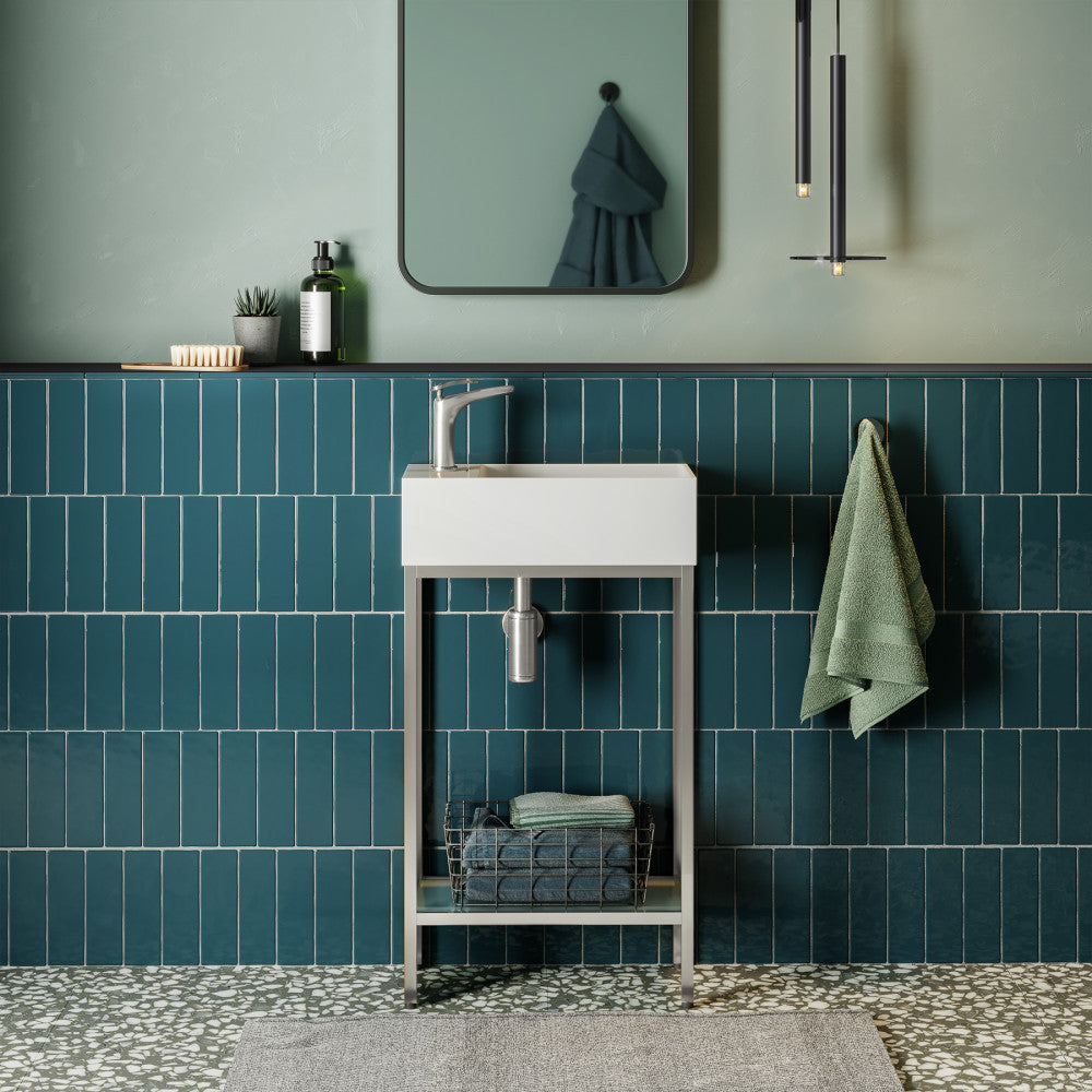 19.5-inch freestanding bathroom vanity with chrome metal frame and open bottom shelf without top or sink.