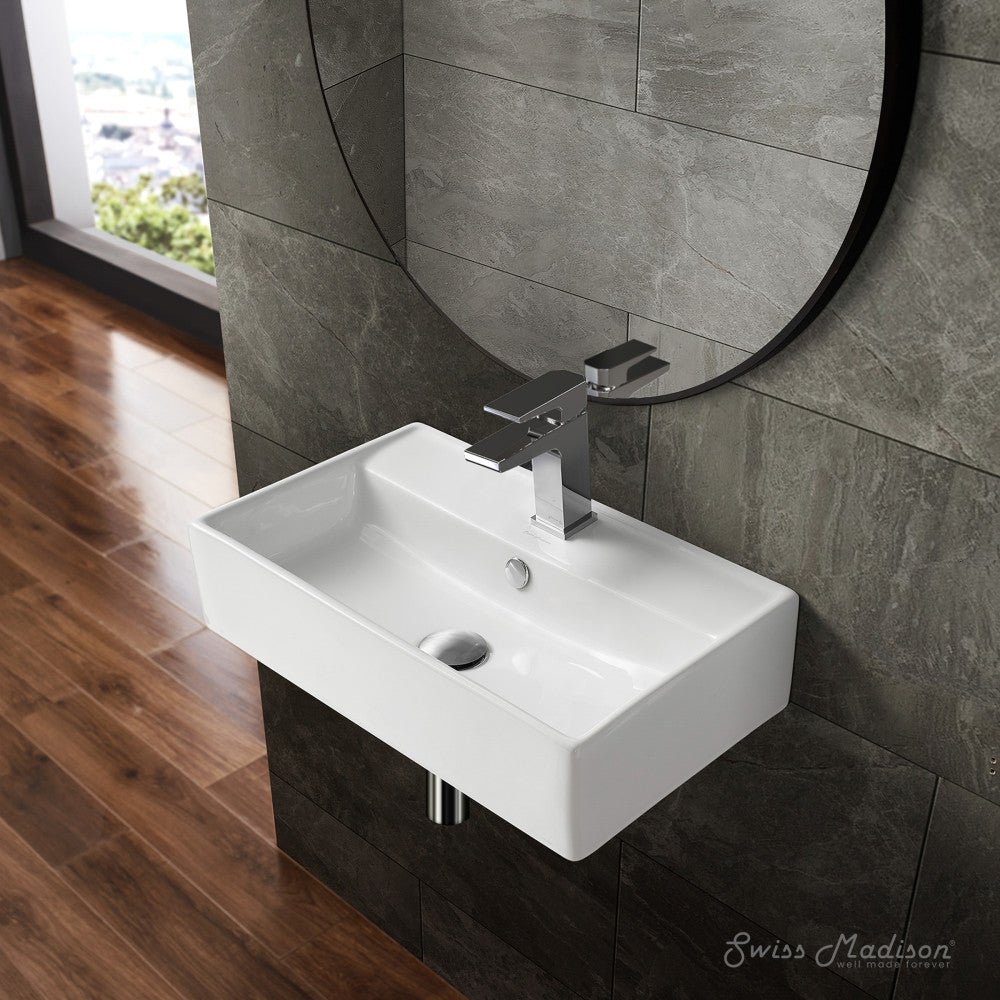 22-inch white wall-mount rectangular bathroom sink with single faucet hole and clean modern lines.
