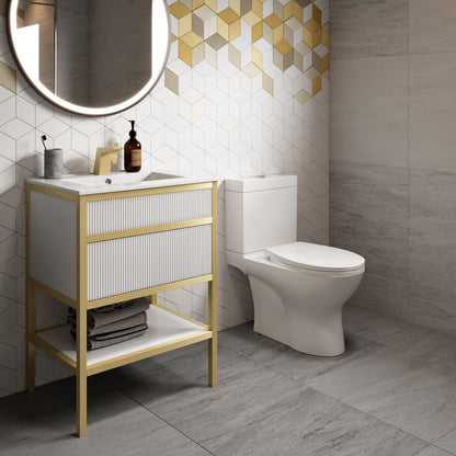 24-inch white freestanding bathroom vanity with single sink and gold metal frame.