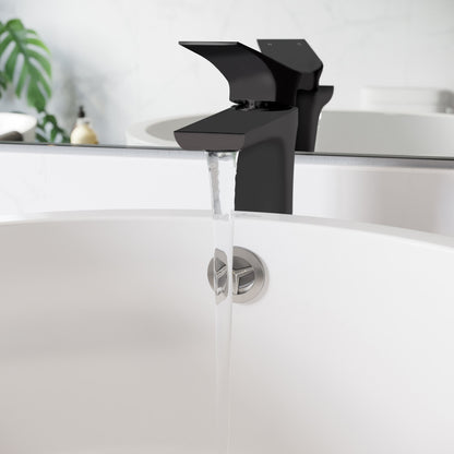 Single-handle high arc bathroom faucet in matte black, flowing water, modern angular design.
