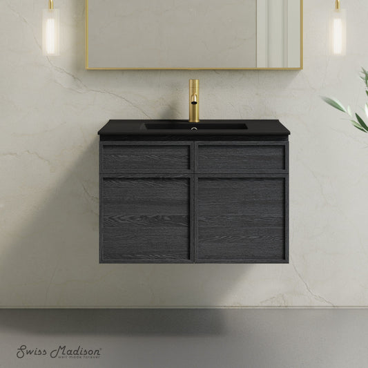 St. Tropez 30" Wall-Mounted Bathroom Vanity in Black Oak with Black Sink Top