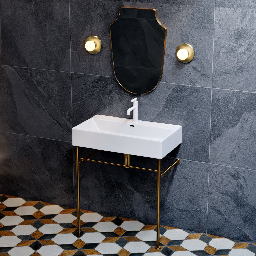 30-inch white ceramic console sink with brushed gold legs and single-hole faucet mount.