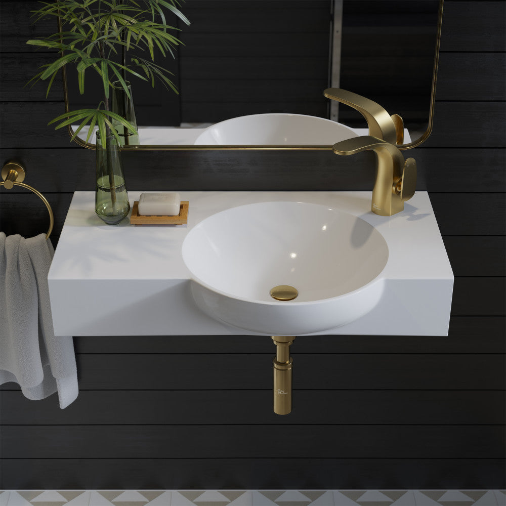 30" white wall-mount bathroom sink with right side faucet hole and gold faucet.