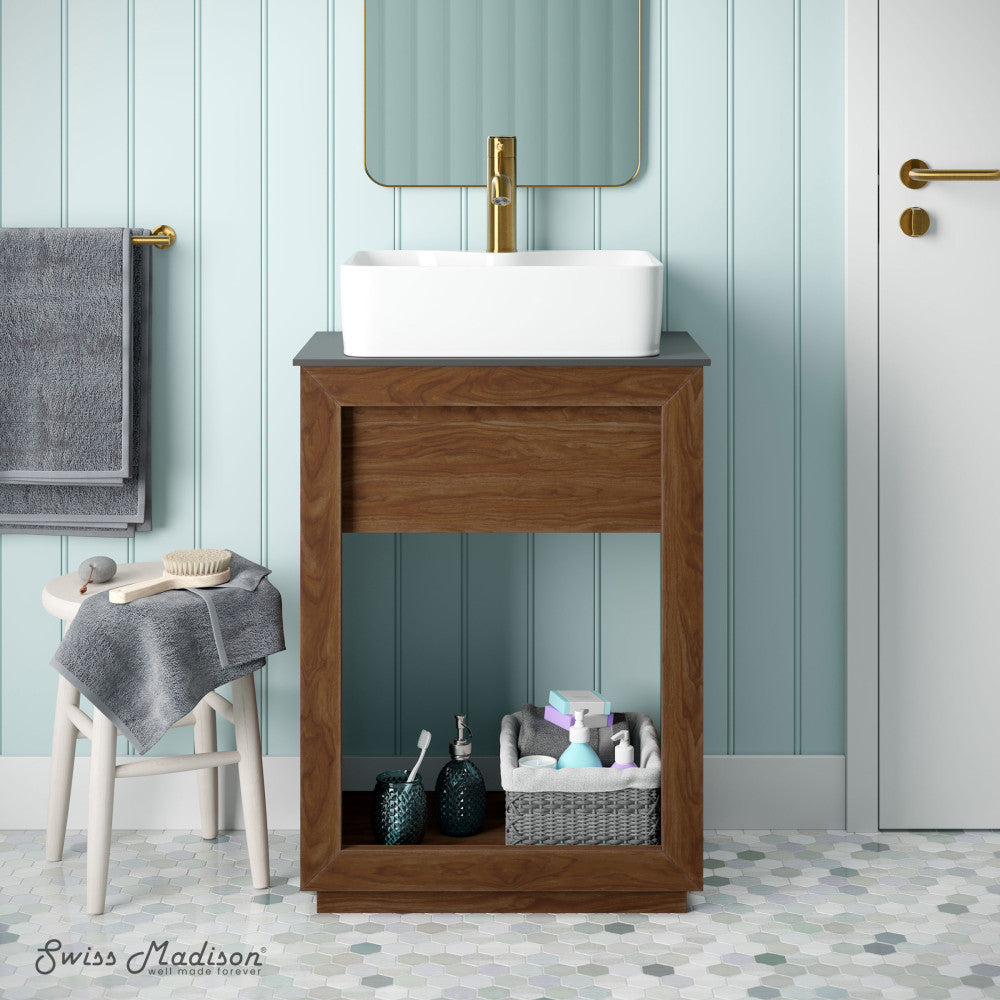 Rennes 24" Reclaimed Wood Vanity in Walnut with Slate Countertop and Single Hole Vessel Sink