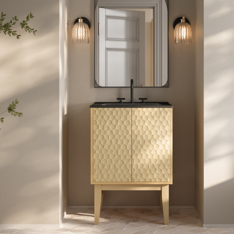 Bosse 24" Freestanding Bathroom Vanity in Natural Oak with Black 3-Hole Centerset Sink Top