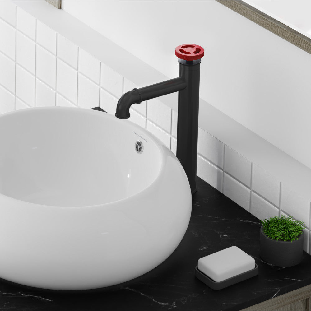 Single-handle high arc bathroom faucet in matte black with distinctive red wheel handle.