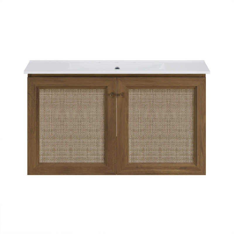 Classe 36" Wall-Mounted Bathroom Vanity in Brown Oak with Widespread Faucet Holes Vanity Top