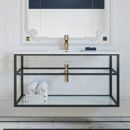 48-inch wall-mounted bathroom vanity with metal frame and open shelf, white countertop, gold faucet.