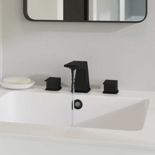 Widespread bathroom faucet in matte black with square handles and modern angular spout.