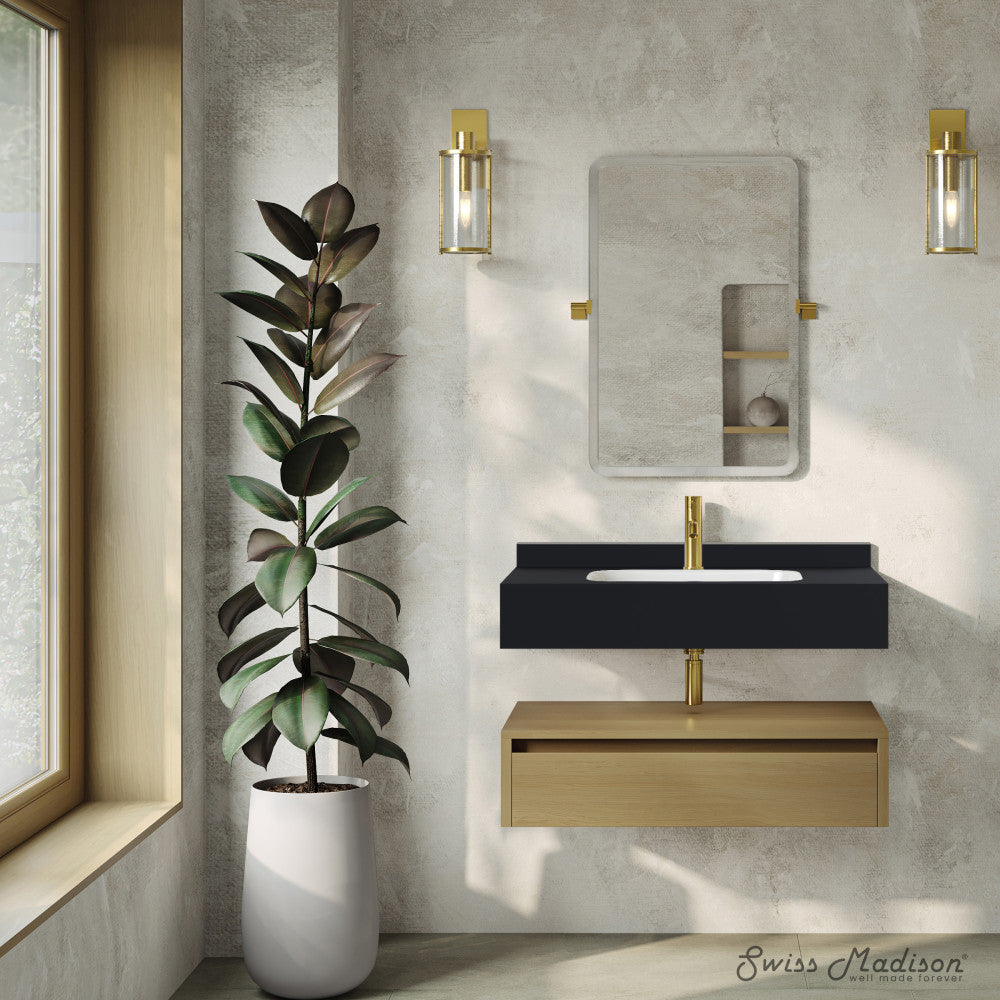 Avancer 36" Wall-Mounted Bathroom Vanity in Natural Oak with Black Marble Sink Top