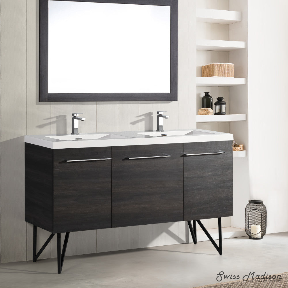 60-inch freestanding double sink bathroom vanity in black walnut, soft-close doors, angled metal legs.