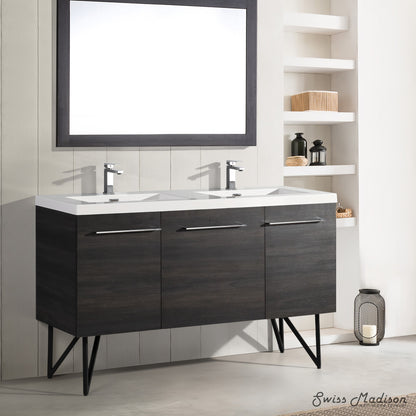 60-inch freestanding double sink bathroom vanity in black walnut, soft-close doors, angled metal legs.