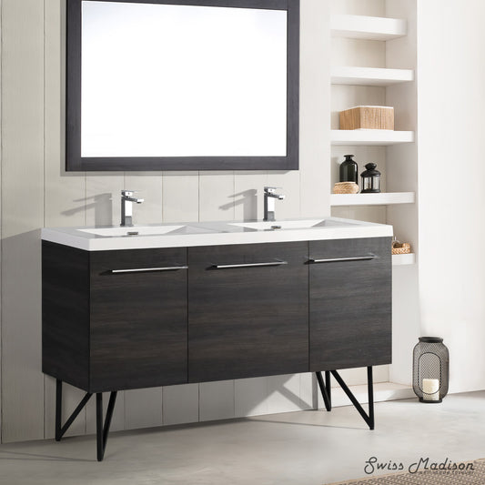 60-inch freestanding double sink bathroom vanity in black walnut, soft-close doors, angled metal legs.