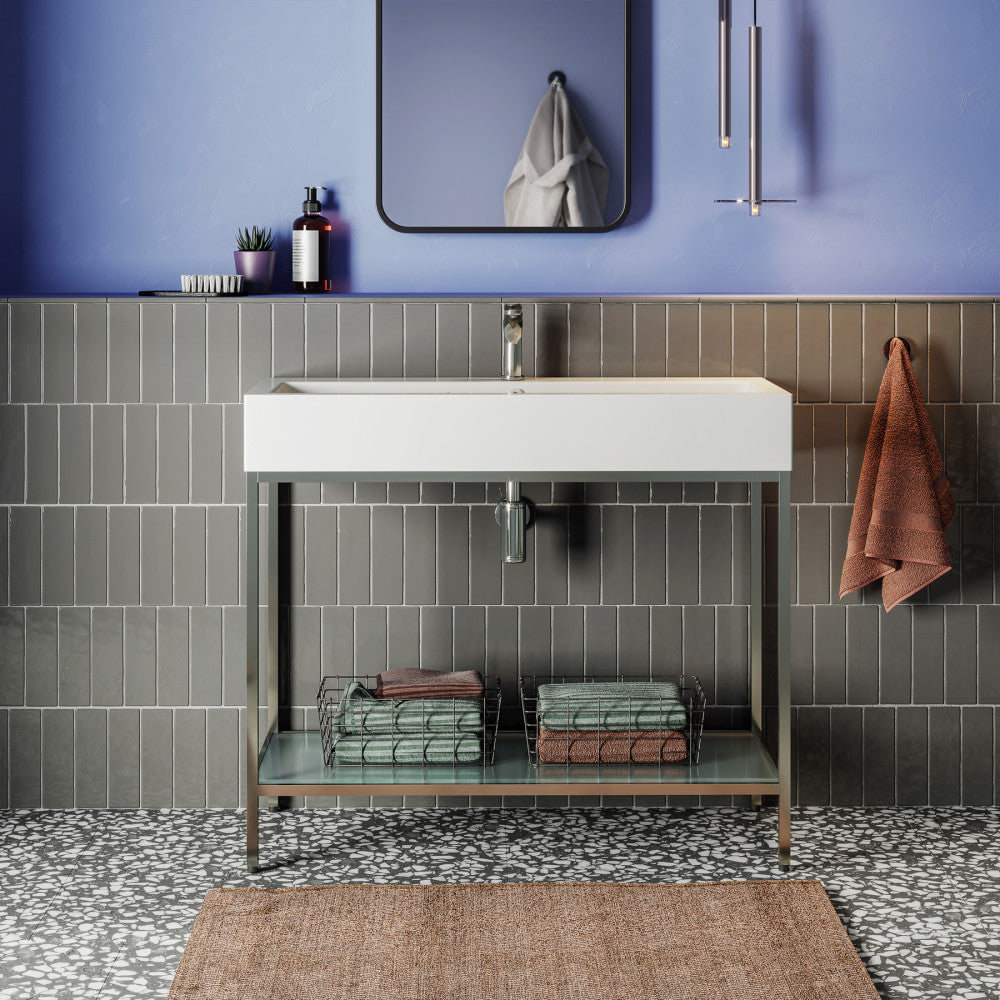 40-inch freestanding bathroom vanity with open chrome metal frame and white rectangular sink basin.