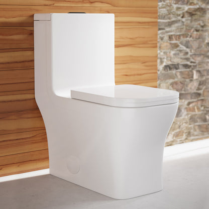 Elongated one-piece toilet with dual flush and black hardware, modern design.