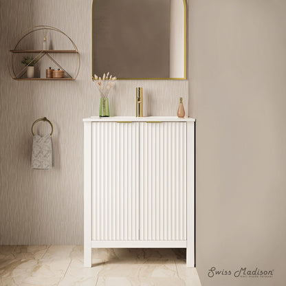 24-inch freestanding white bathroom vanity with single sink and vertically grooved cabinet doors.