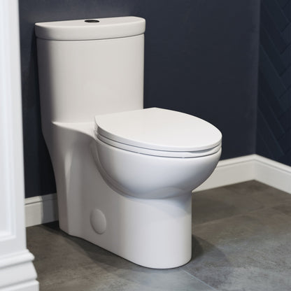 Elongated one-piece toilet with dual flush, white ceramic, compact design, black hardware accents.