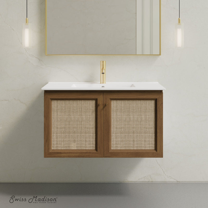 Classe 36" Wall-Mounted Bathroom Vanity in Brown Oak with Single Faucet Hole Vanity Top