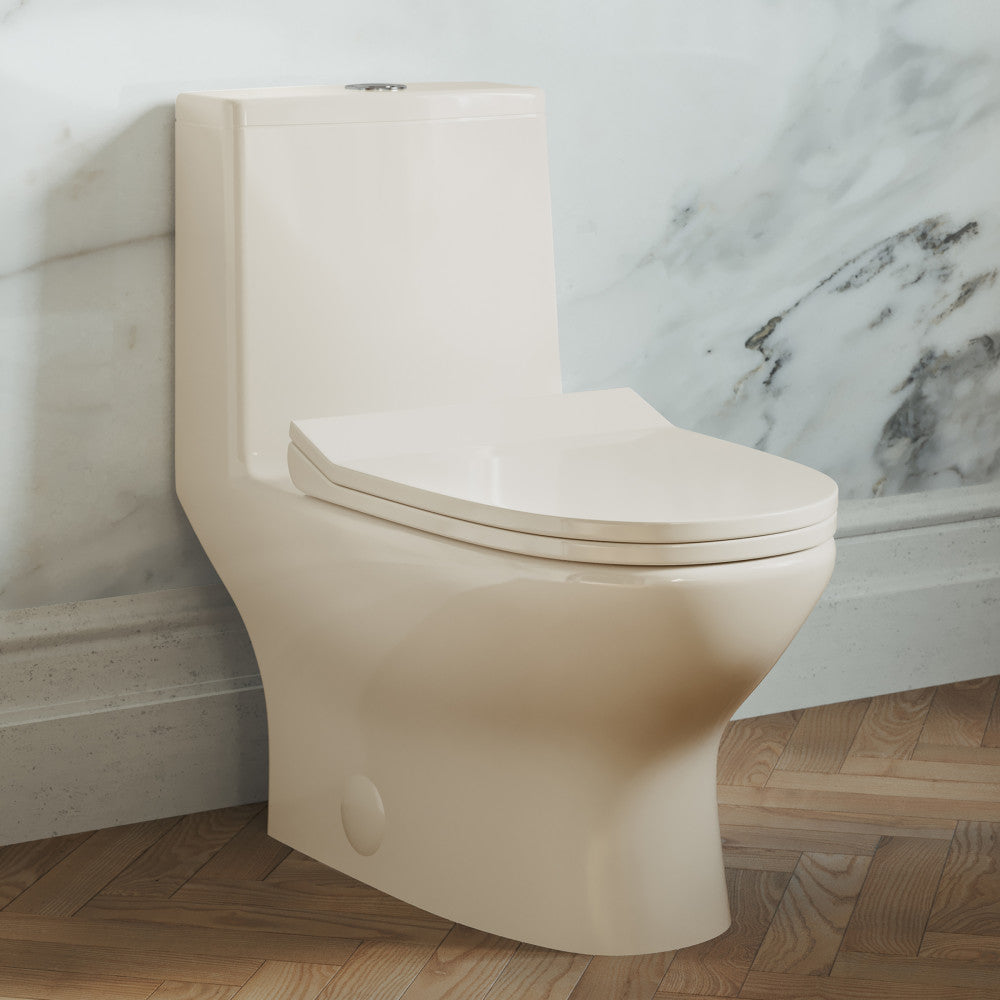 Elongated one-piece toilet in bisque, dual vortex flush, compact design.