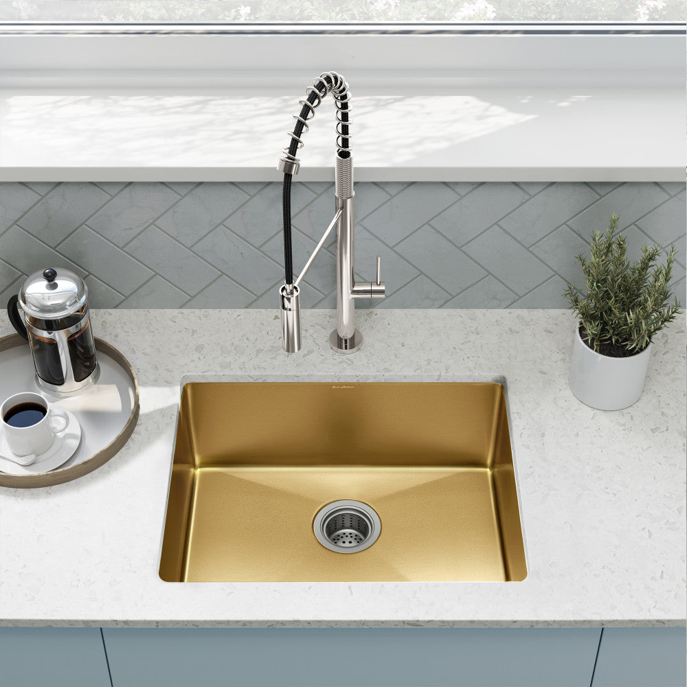 23 x 18 gold stainless steel undermount single basin kitchen sink with drain.