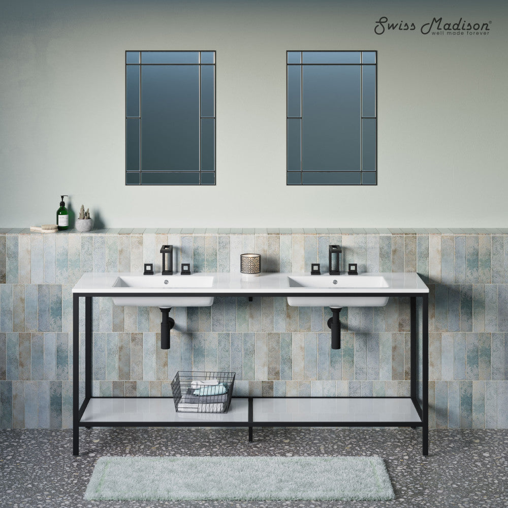 72-inch freestanding double sink bathroom vanity with open matte black metal frame shelf.
