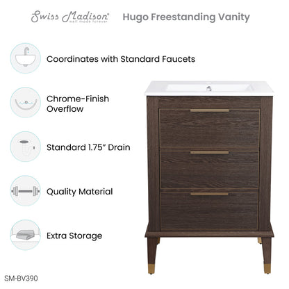24-inch freestanding bathroom vanity in brown oak with single sink and drawer storage.