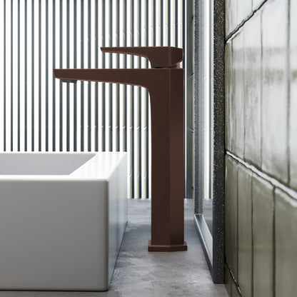 Single-handle high arc bathroom faucet in oil rubbed bronze, modern cylindrical design.